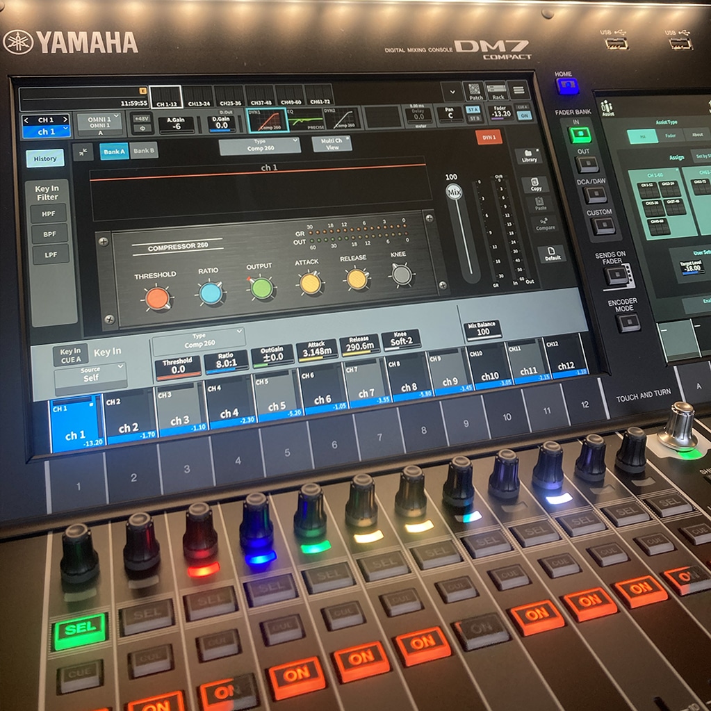 Close up image of the Yamaha DM7 mixer